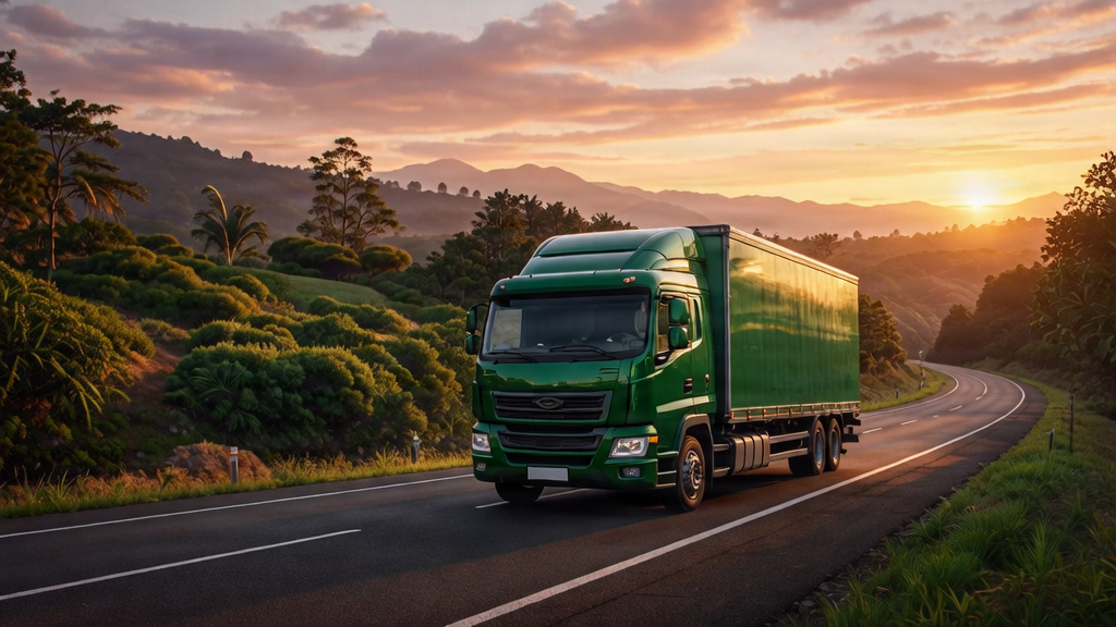 Caminhão de carga em rodovia de Minas Gerais ao pôr do sol, representando o transporte cooperativo.